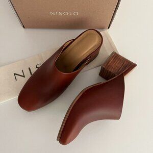 NEW Nisolo All-Day Heeled Mule / leather stacked heel / brandy / 8